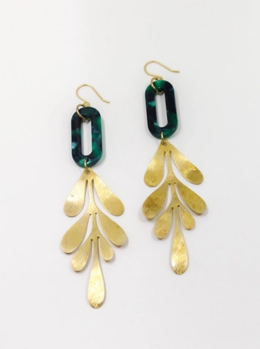 Jewelry Emerald | Emerald Tortoise Shell And Brass Leaf Earrings