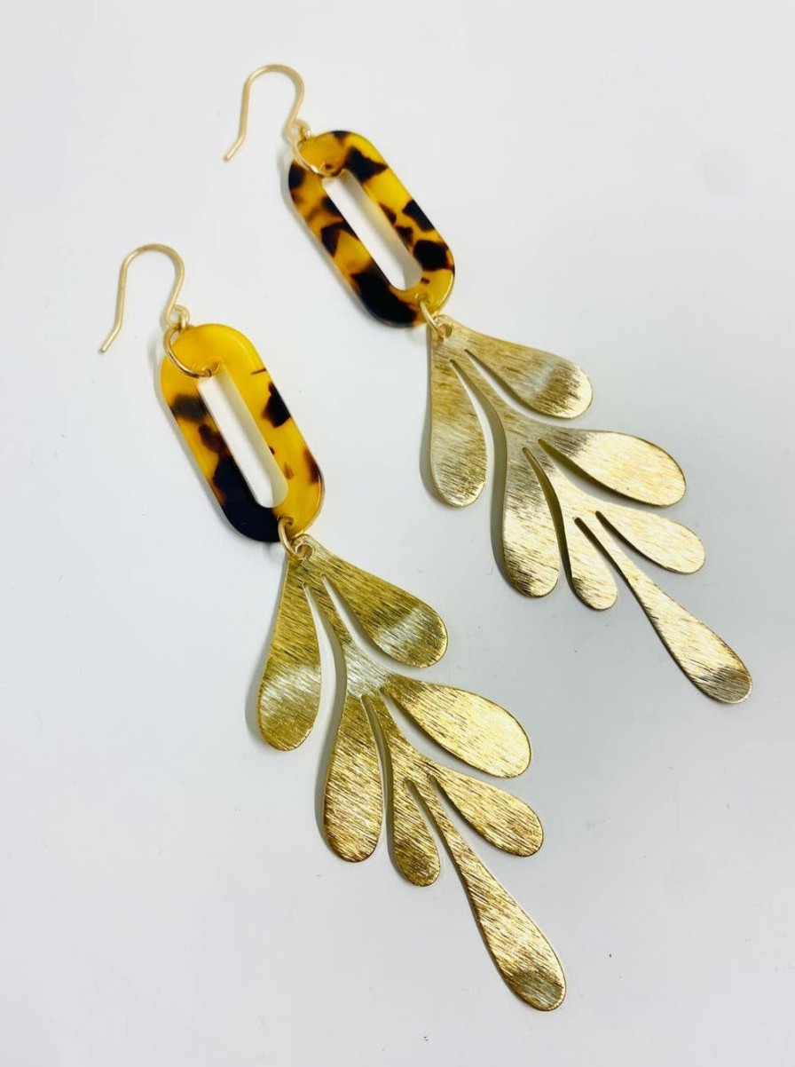 Jewelry Brown | Brown Tortoise Shell And Brass Leaf Earrings