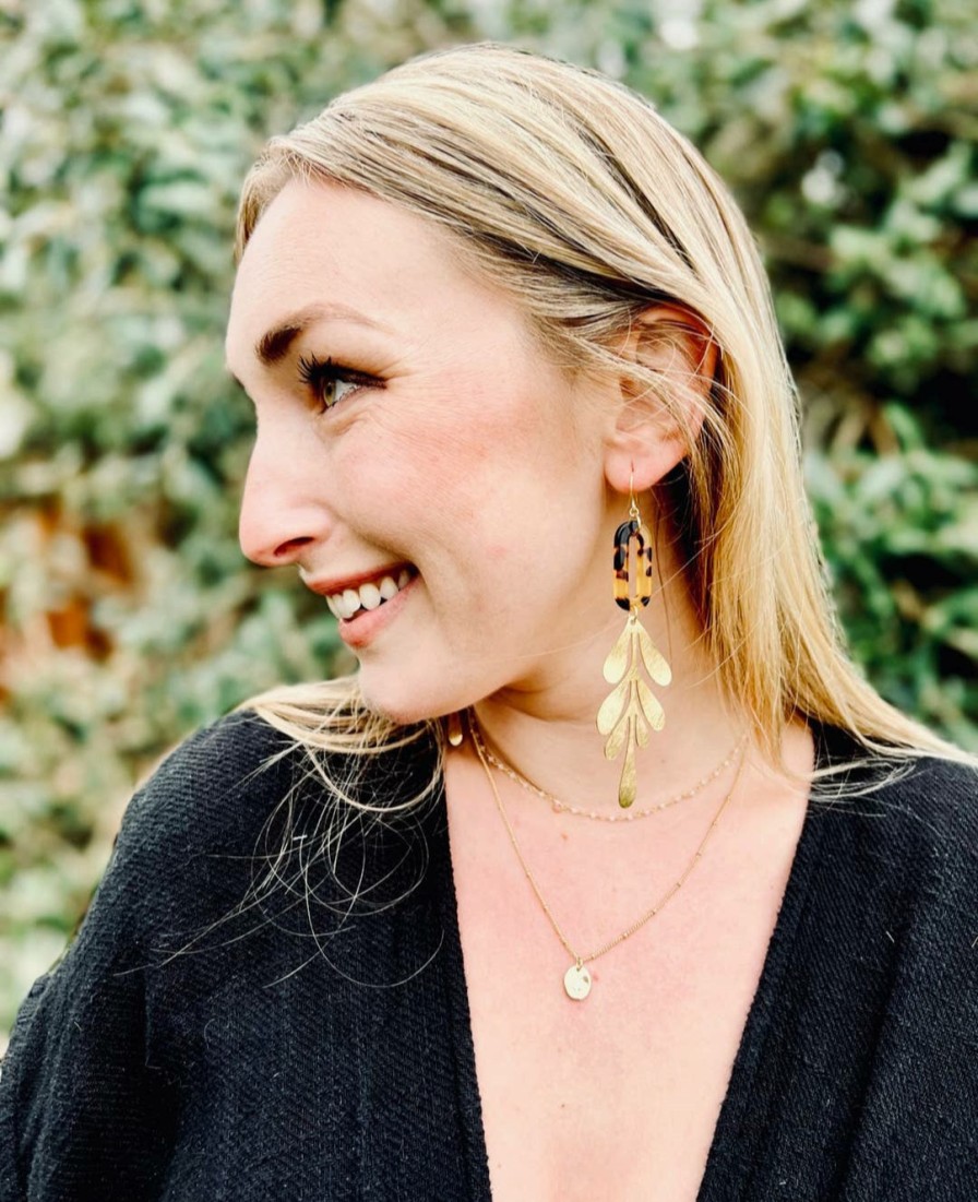 Jewelry Brown | Brown Tortoise Shell And Brass Leaf Earrings